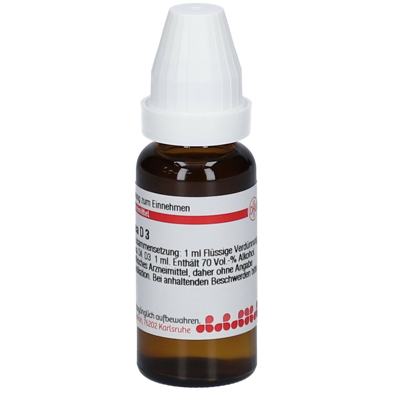Braune Glasflasche mit weißem Schraubverschluss. Beschriftung: D3. Homöopathisches Arzneimittel. Roter Streifen.