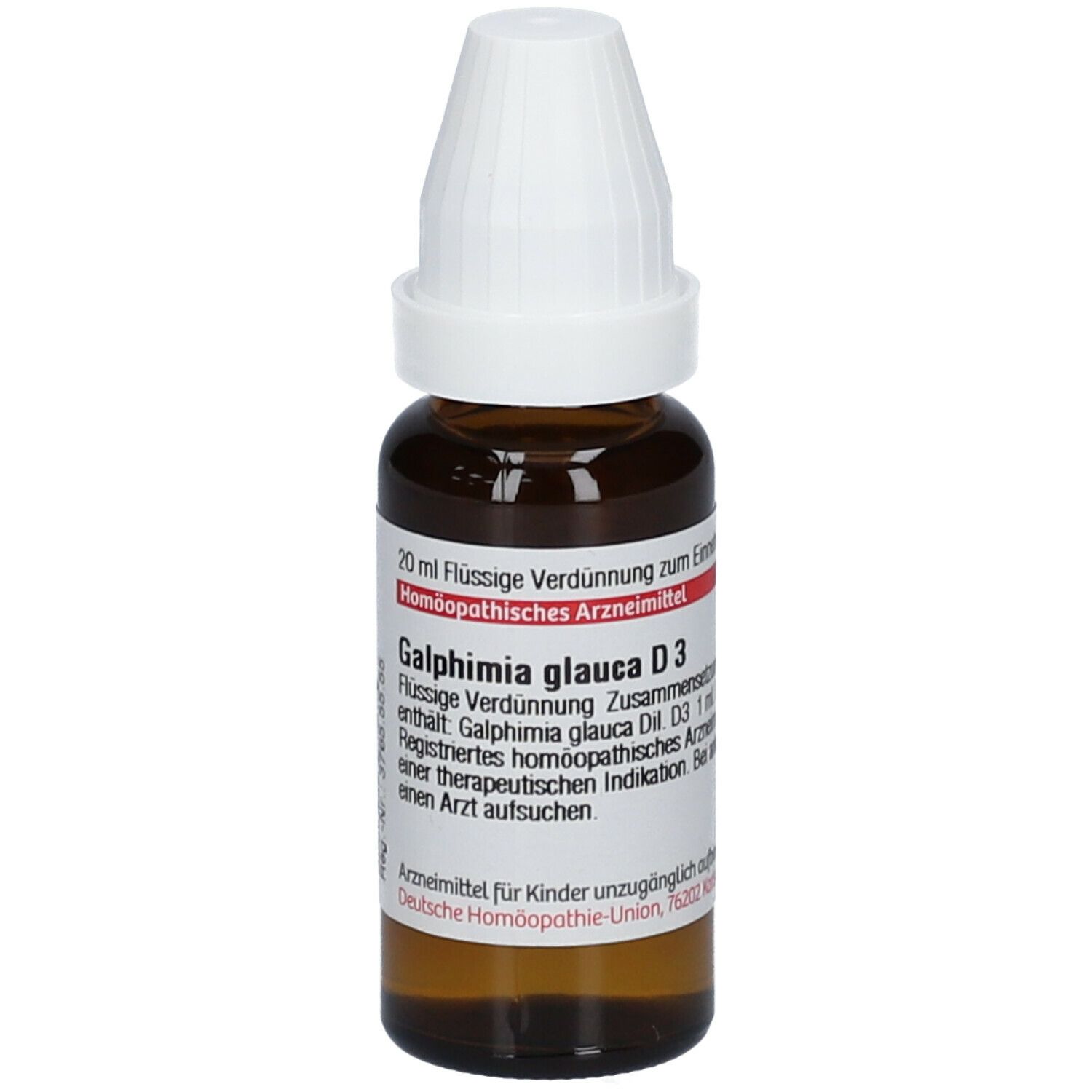 Braune Glasflasche mit weißem Schraubverschluss. Beschriftung: Galphimia glauca D3. Homöopathisches Arzneimittel.