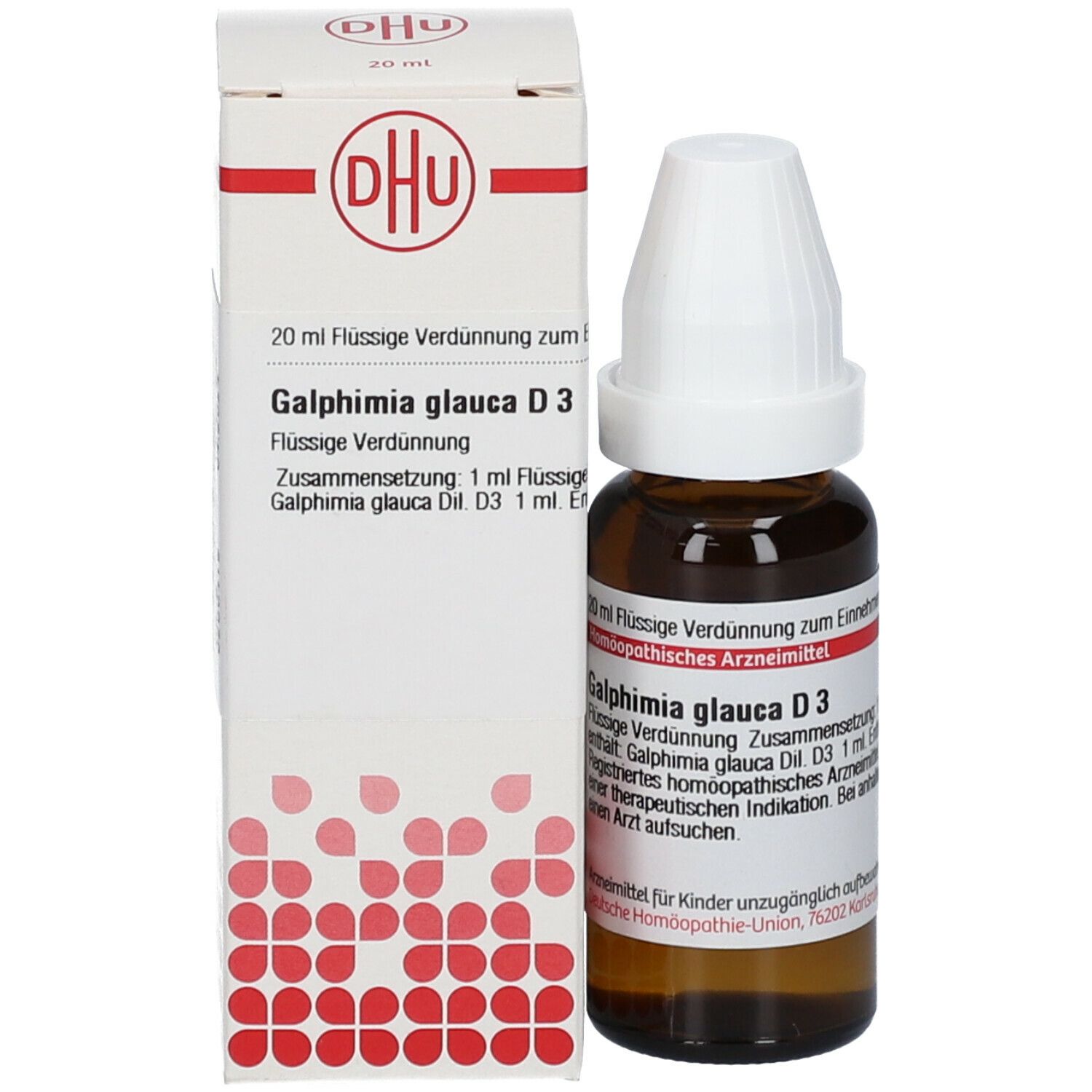 Braune Glasflasche mit weißem Schraubverschluss und Umverpackung. Beschriftung: DHU, Galphimia glauca D3. Homöopathisches Arzneimittel.