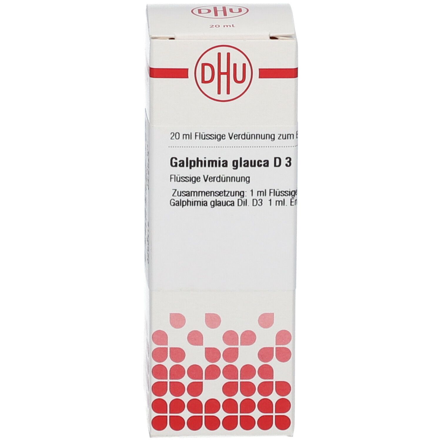 Weiße Verpackung mit rotem Muster und Beschriftung: DHU, Galphimia glauca D3. Homöopathisches Arzneimittel.