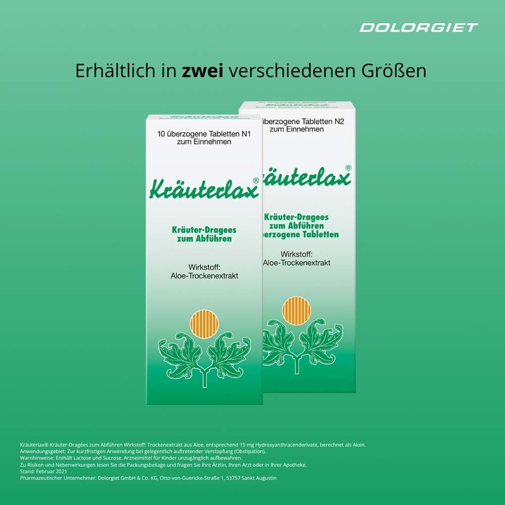 Zwei Kräuterlax®-Verpackungen nebeneinander. Beide zeigen Produktname und Inhaltsstoffe. Unterschiedliche Packungsgrößen.