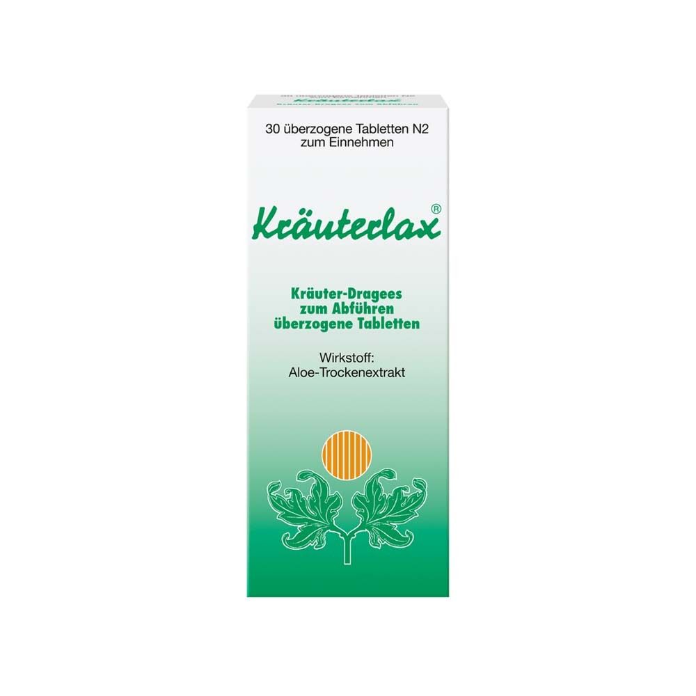 Weiße Schachtel mit Kräuterlax®-Logo und Produktinformationen. Enthält 30 überzogene Tabletten. Grün-weißes Design.
