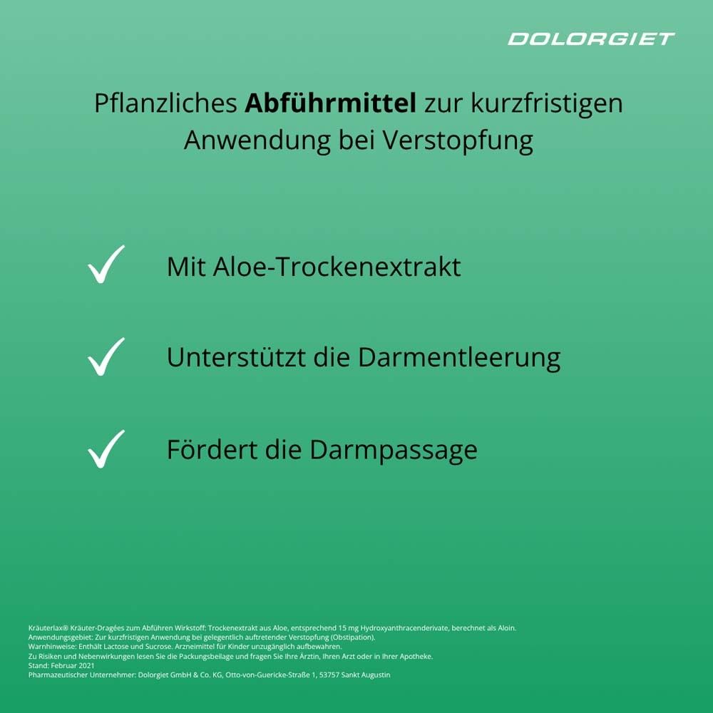 Grüner Hintergrund mit Text: Pflanzliches Abführmittel. Enthält Aloe-Trockenextrakt. Unterstützt die Darmleerung und -passage.