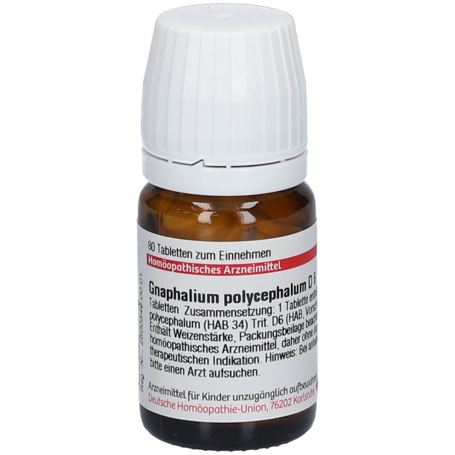 Braune Glasflasche mit weißen Deckel. Etikett mit Text: Gnaphalium polycephalum D6, 80 Tabletten. Homöopathisches Arzneimittel.