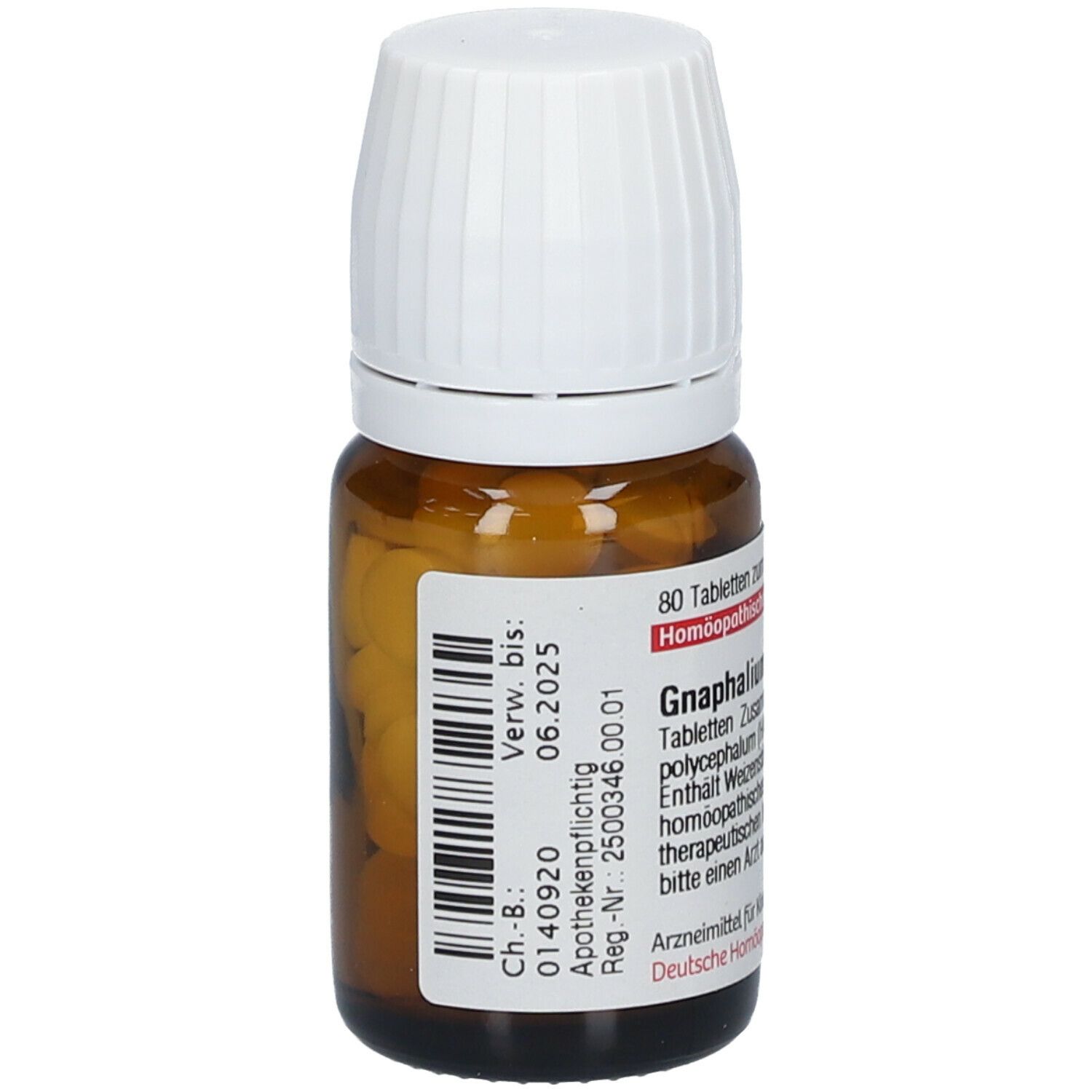 Braune Glasflasche mit weißem Deckel. Etikett mit Text und Barcode. Enthält 80 Tabletten. Homöopathisches Arzneimittel.