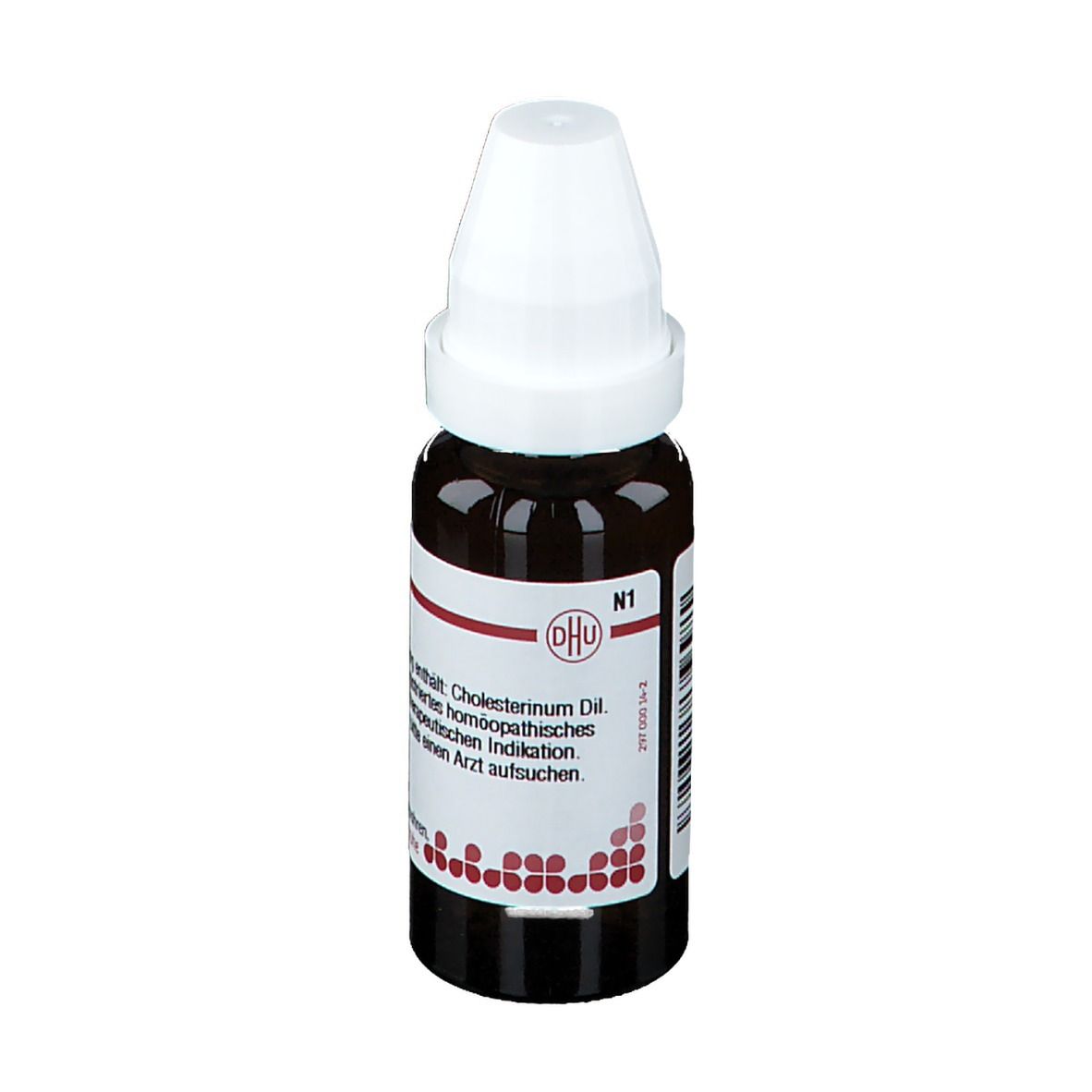 Braune Glasflasche mit weißem Verschluss. Etikett mit Produktinformationen. Homöopathisches Arzneimittel.