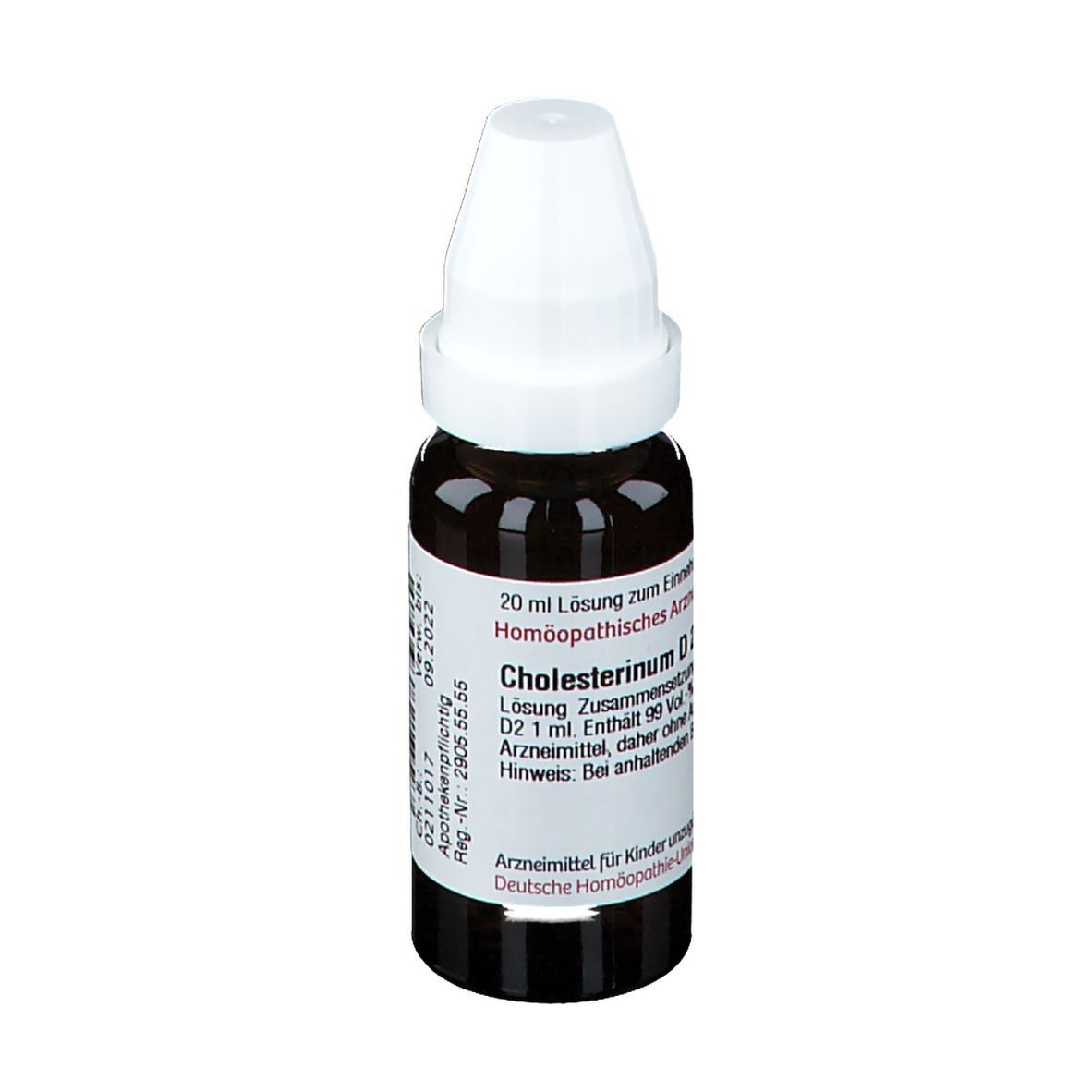 Braune Glasflasche mit weißem Verschluss. Etikett mit Produktinformationen. Homöopathisches Arzneimittel.