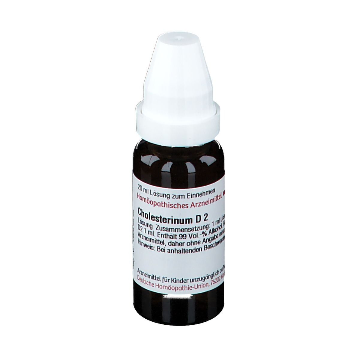 Braune Glasflasche mit weißem Verschluss. Etikett mit Produktinformationen. Homöopathisches Arzneimittel.