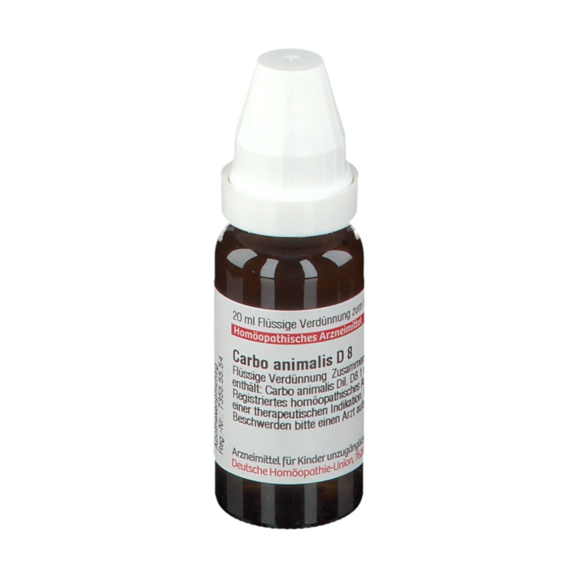 Braune Glasflasche mit weißem Verschluss. Etikett mit Text: Carbo animalis D8, 20 ml Flüssige Verdünnung.