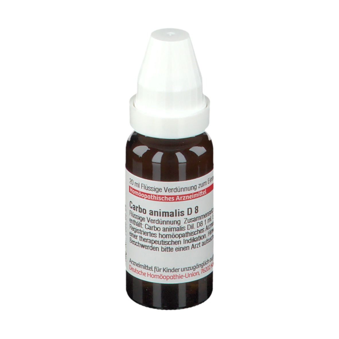 Braune Glasflasche mit weißem Verschluss. Etikett mit Text: Carbo animalis D8, 20 ml Flüssige Verdünnung.