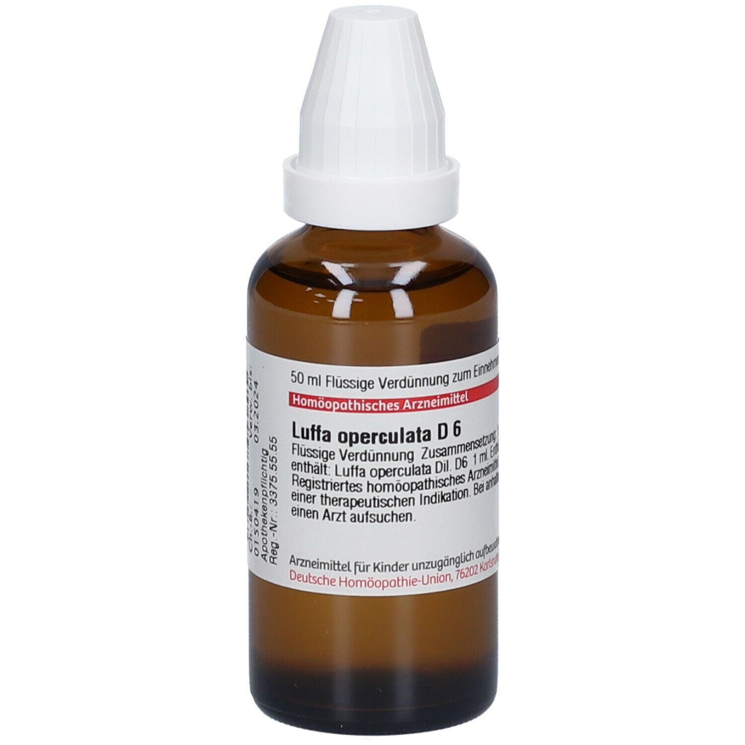 Braune Glasflasche mit weißem Verschluss. Beschriftung: Luffa operculata D6, 50 ml. Homöopathisches Arzneimittel.