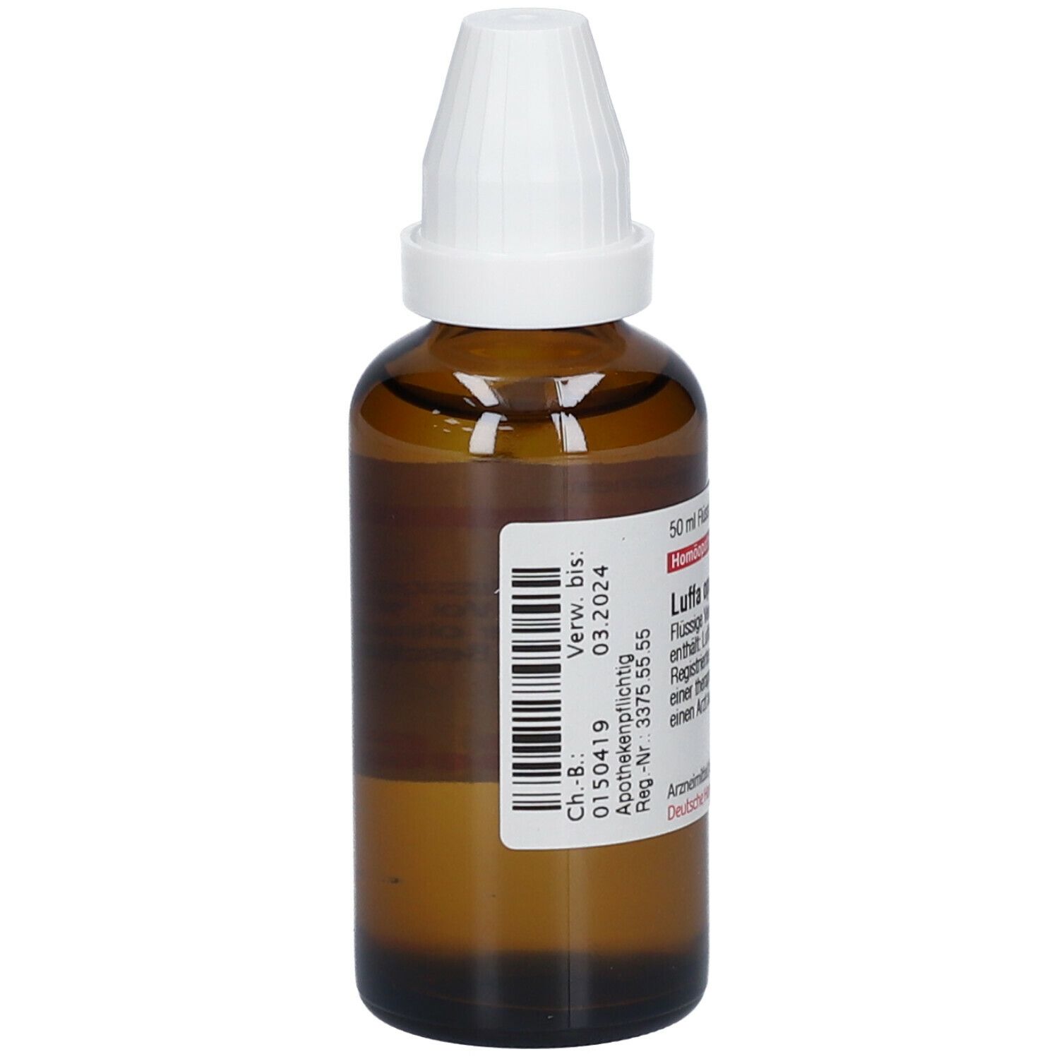 Braune Glasflasche mit weißem Verschluss. Etikett mit Informationen. Apothekenpflichtig. Verwendbar bis 03.2024.