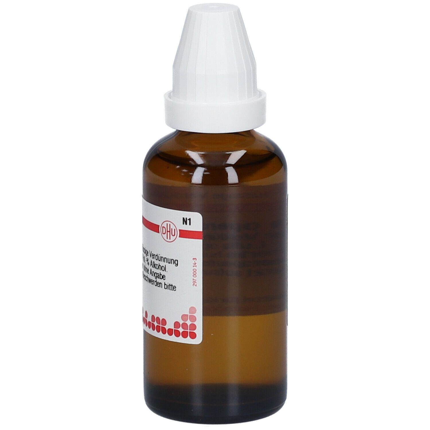 Braune Glasflasche mit weißem Verschluss. Etikett mit DHU Logo und Produktinformationen. Homöopathisches Arzneimittel.
