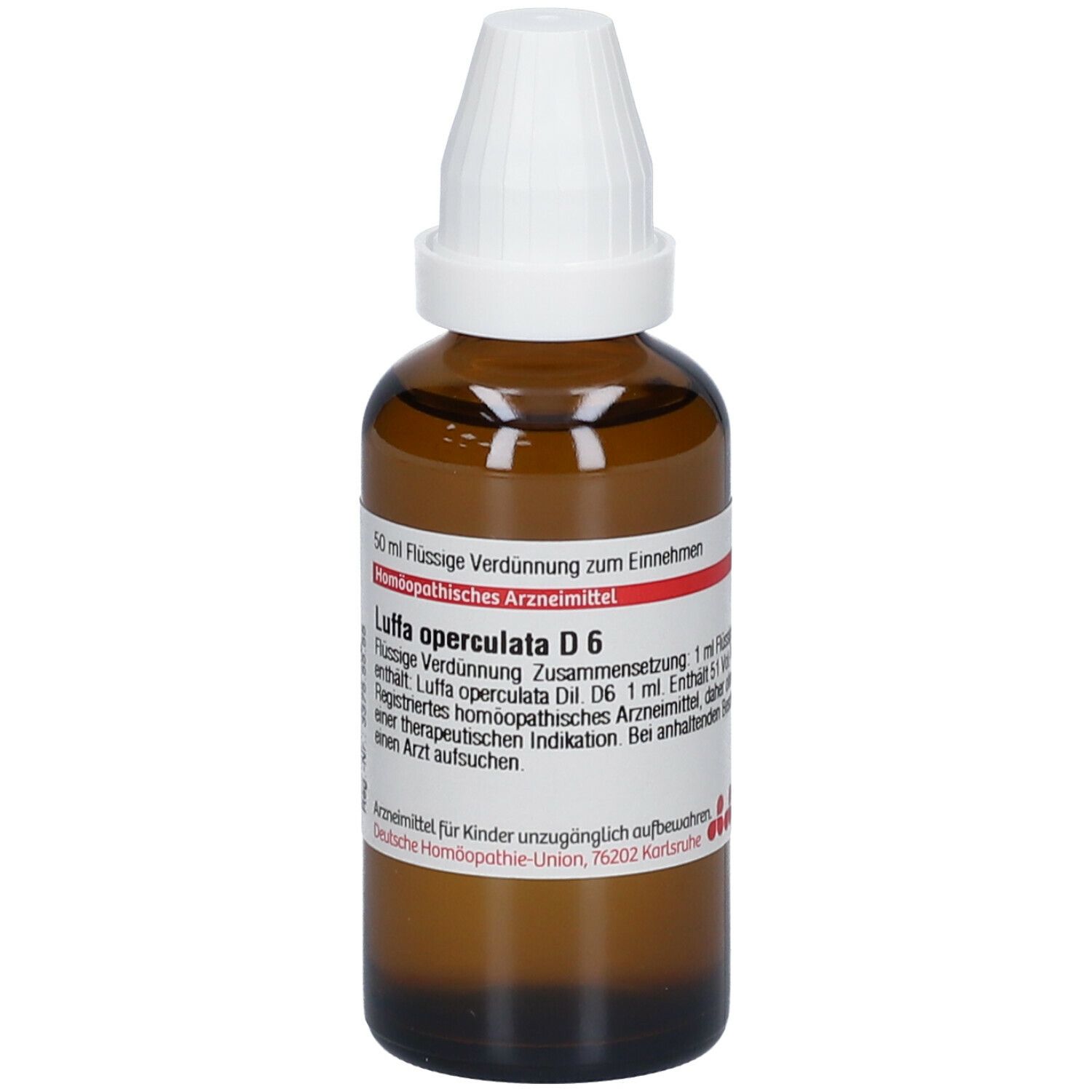Braune Glasflasche mit weißem Verschluss. Beschriftung: Luffa operculata D6, 50 ml. Homöopathisches Arzneimittel.