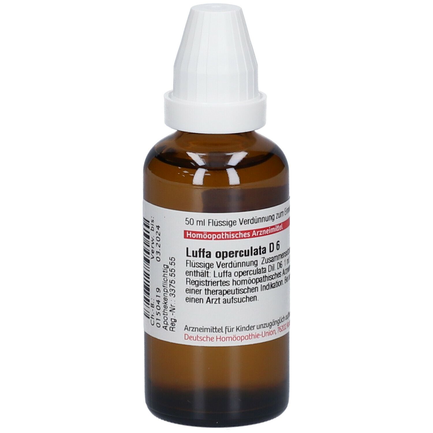 Braune Glasflasche mit weißem Verschluss. Beschriftung: Luffa operculata D6, 50 ml. Homöopathisches Arzneimittel.