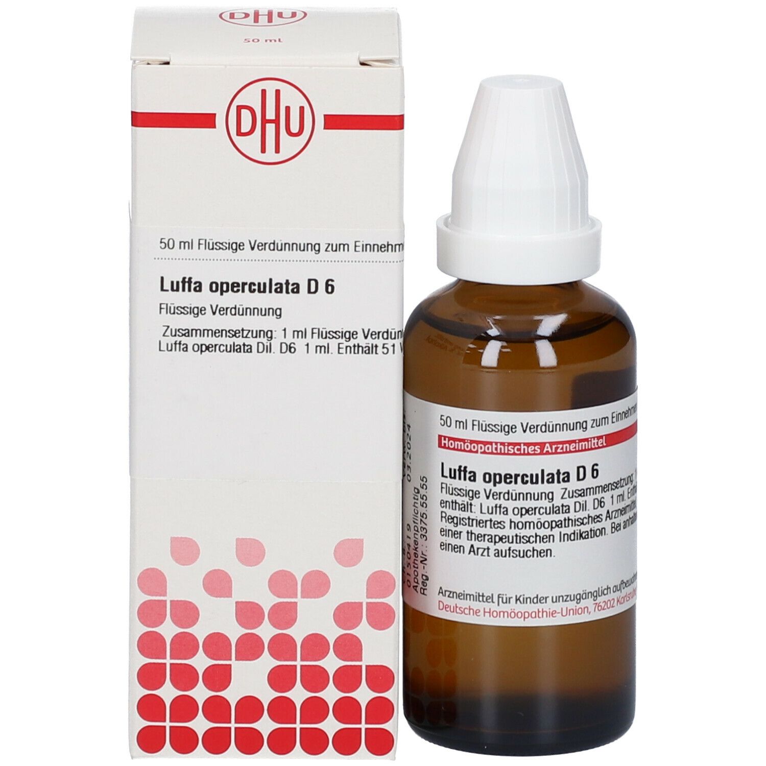 Produktverpackung und Flasche. Weiße Schachtel mit DHU Logo und Produktinformationen. Braune Flasche mit weißem Verschluss.