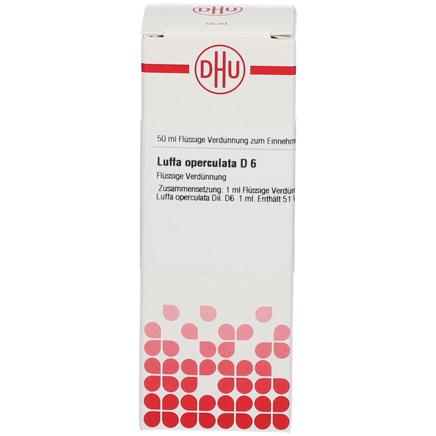 Weiße Produktverpackung mit DHU Logo. Beschriftung: Luffa operculata D6. Flasche nicht im Bild.