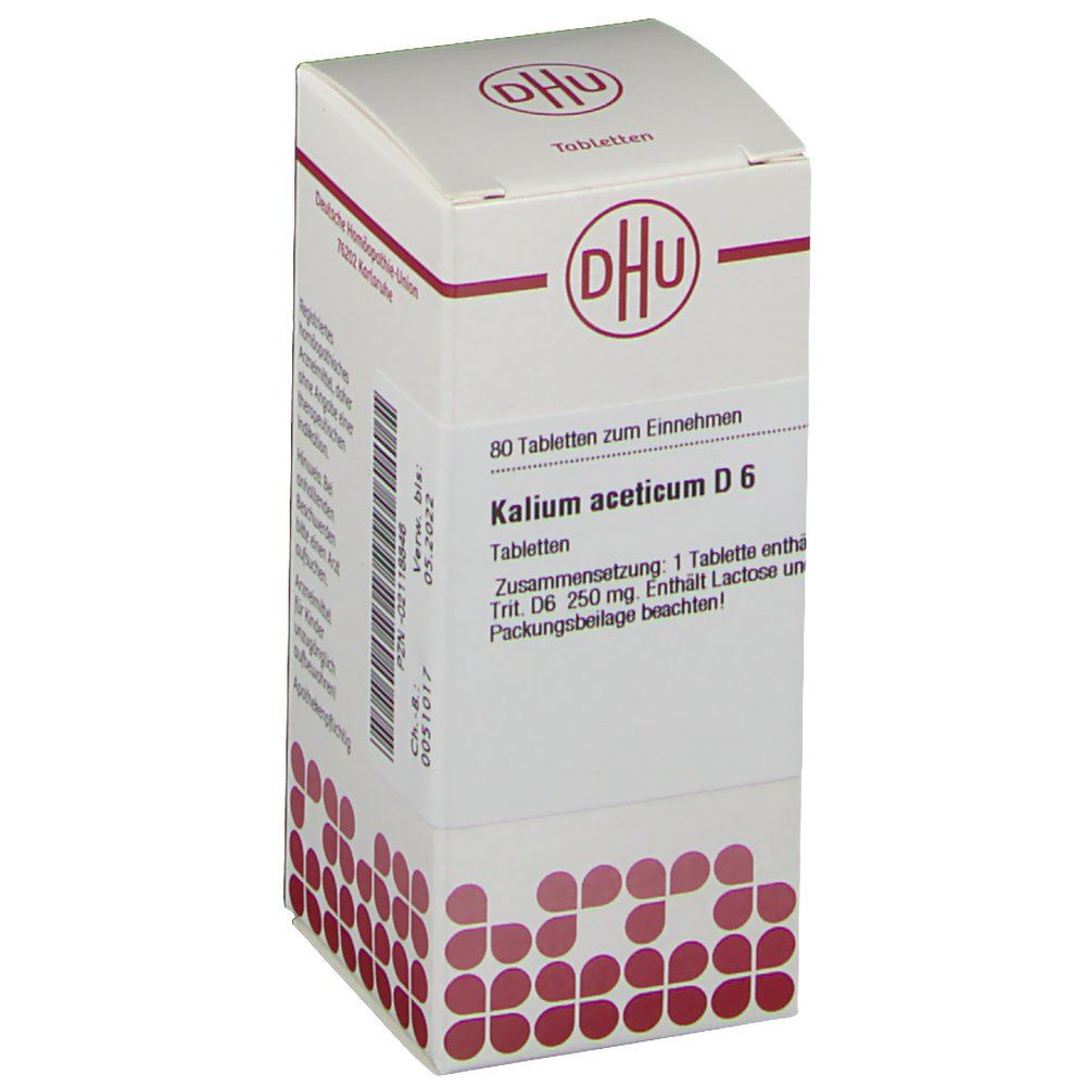 Karton mit DHU-Logo und Aufschrift Kalium aceticum D 6. Enthält 80 Tabletten. Text in deutscher Sprache.
