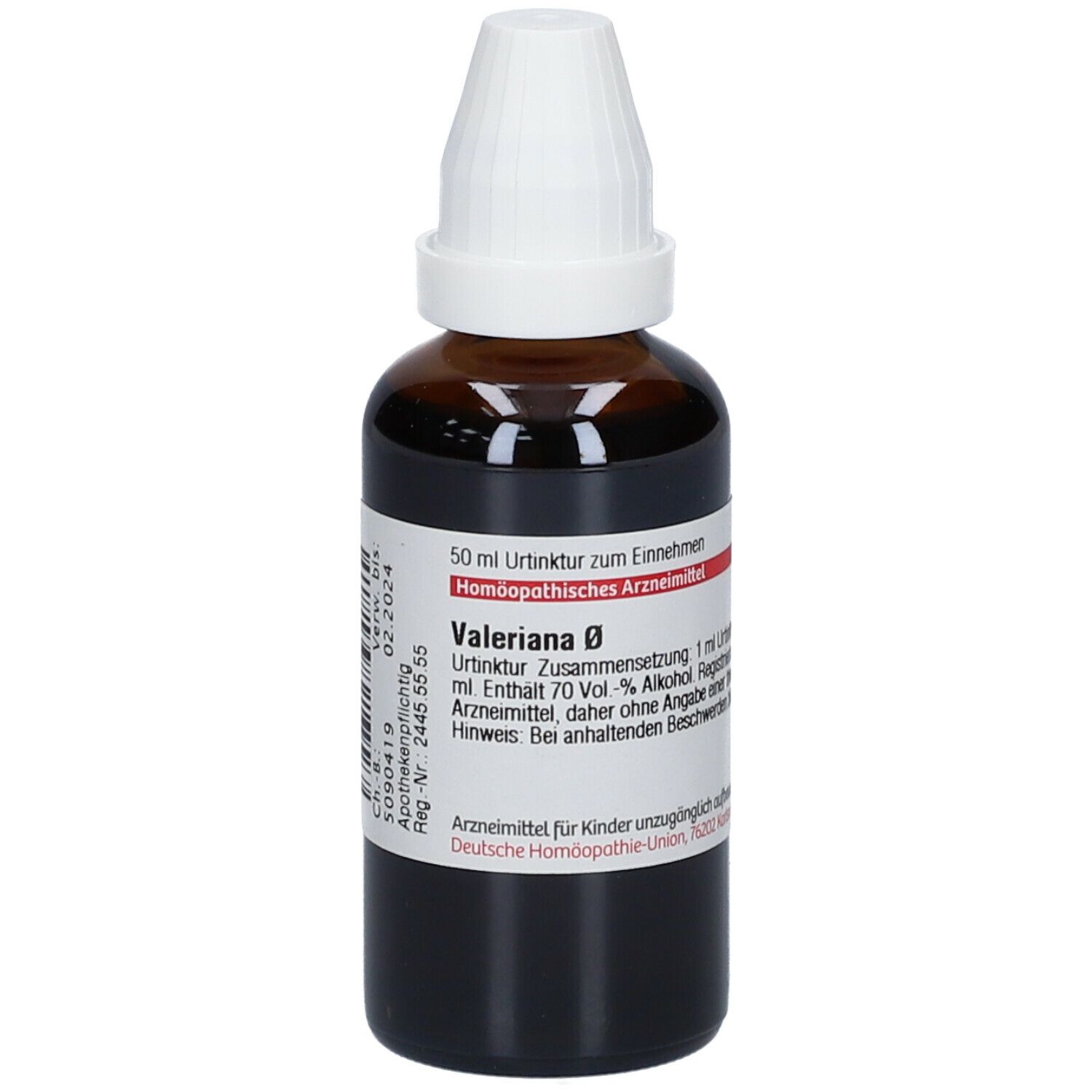 Braune Glasflasche mit weißem Verschluss. Etikett mit Produktinformationen. Homöopathisches Arzneimittel.