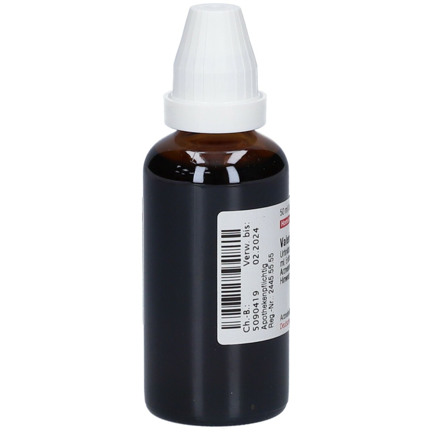 Braune Glasflasche mit weißem Verschluss. Etikett mit Produktinformationen und Barcode. Homöopathisches Arzneimittel.