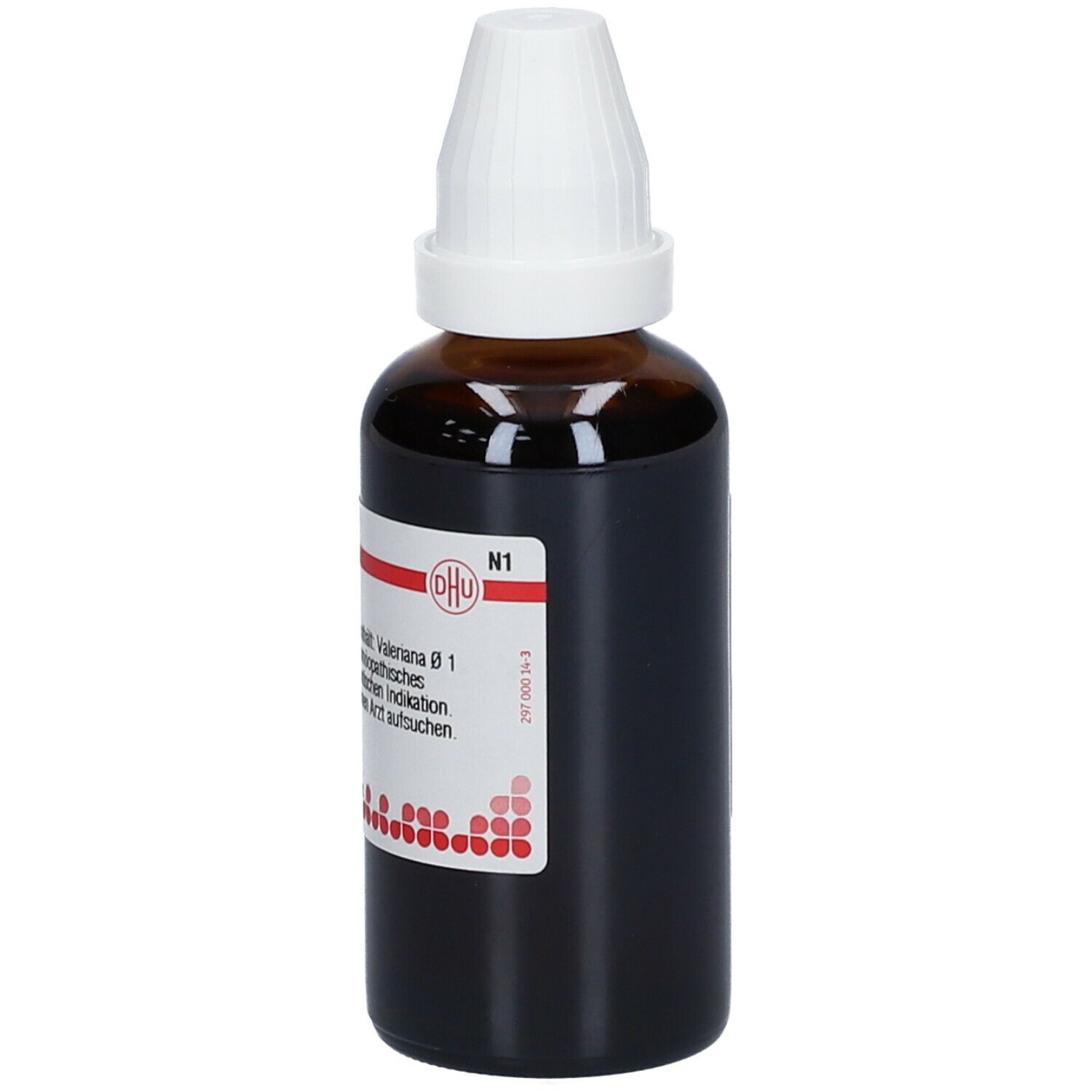 Braune Glasflasche mit weißem Verschluss. Etikett mit Produktinformationen. Homöopathisches Arzneimittel.