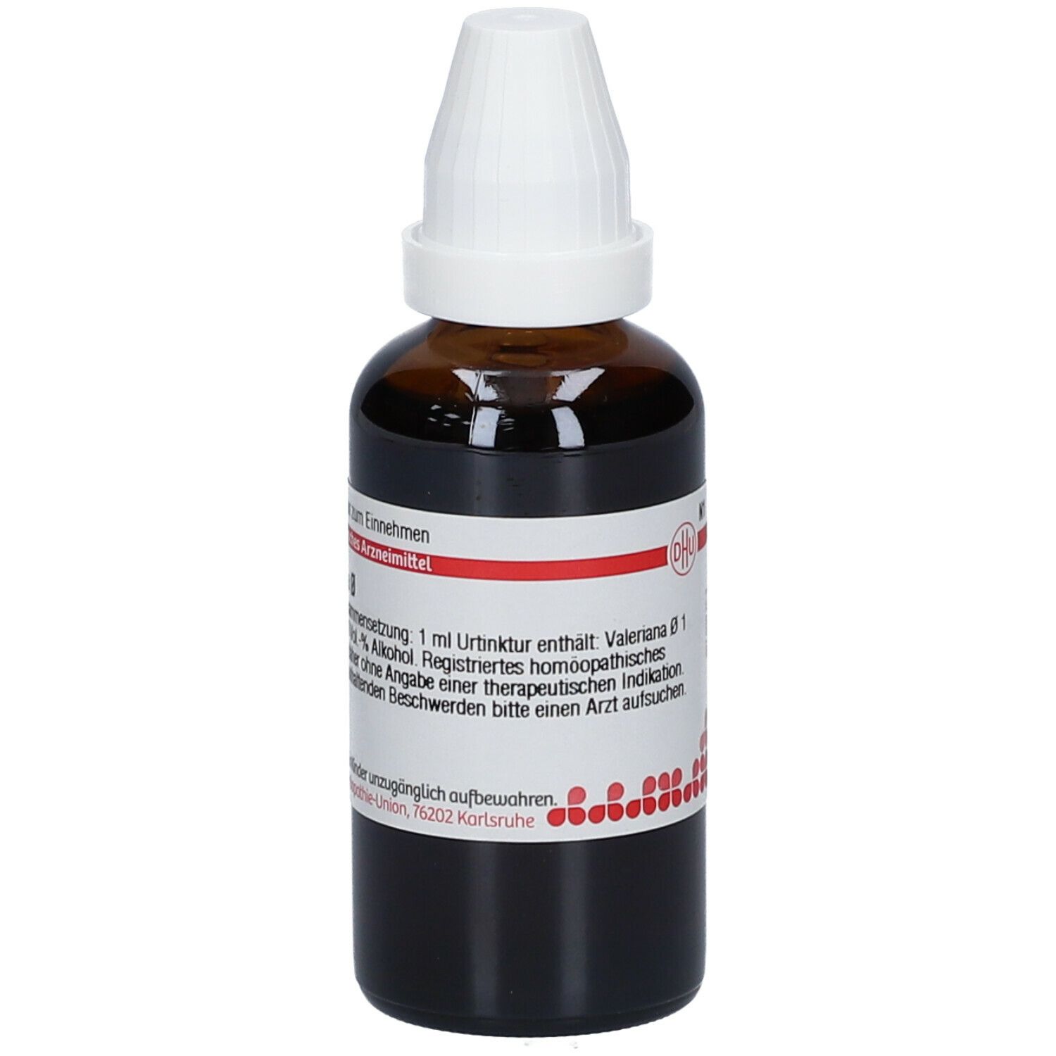 Braune Glasflasche mit weißem Verschluss. Etikett mit Produktinformationen. Homöopathisches Arzneimittel.