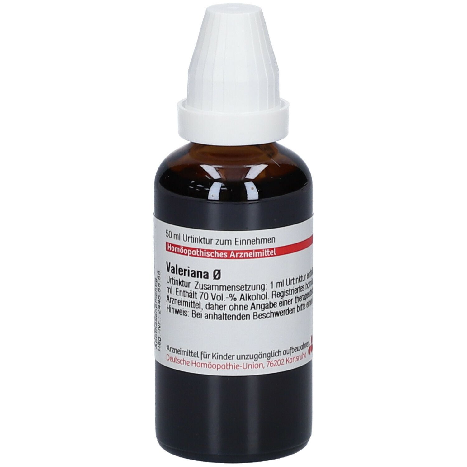 Braune Glasflasche mit weißem Verschluss. Etikett mit Produktinformationen. Homöopathisches Arzneimittel.