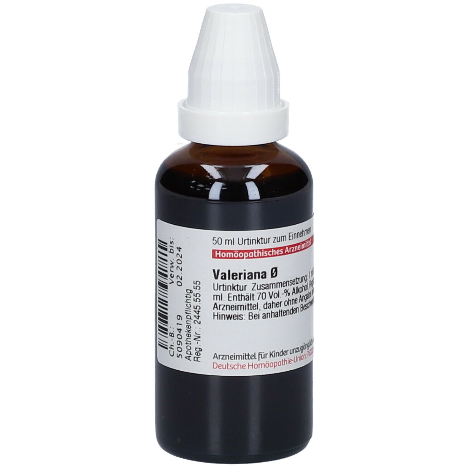 Braune Glasflasche mit weißem Verschluss. Etikett mit Produktinformationen. Homöopathisches Arzneimittel.