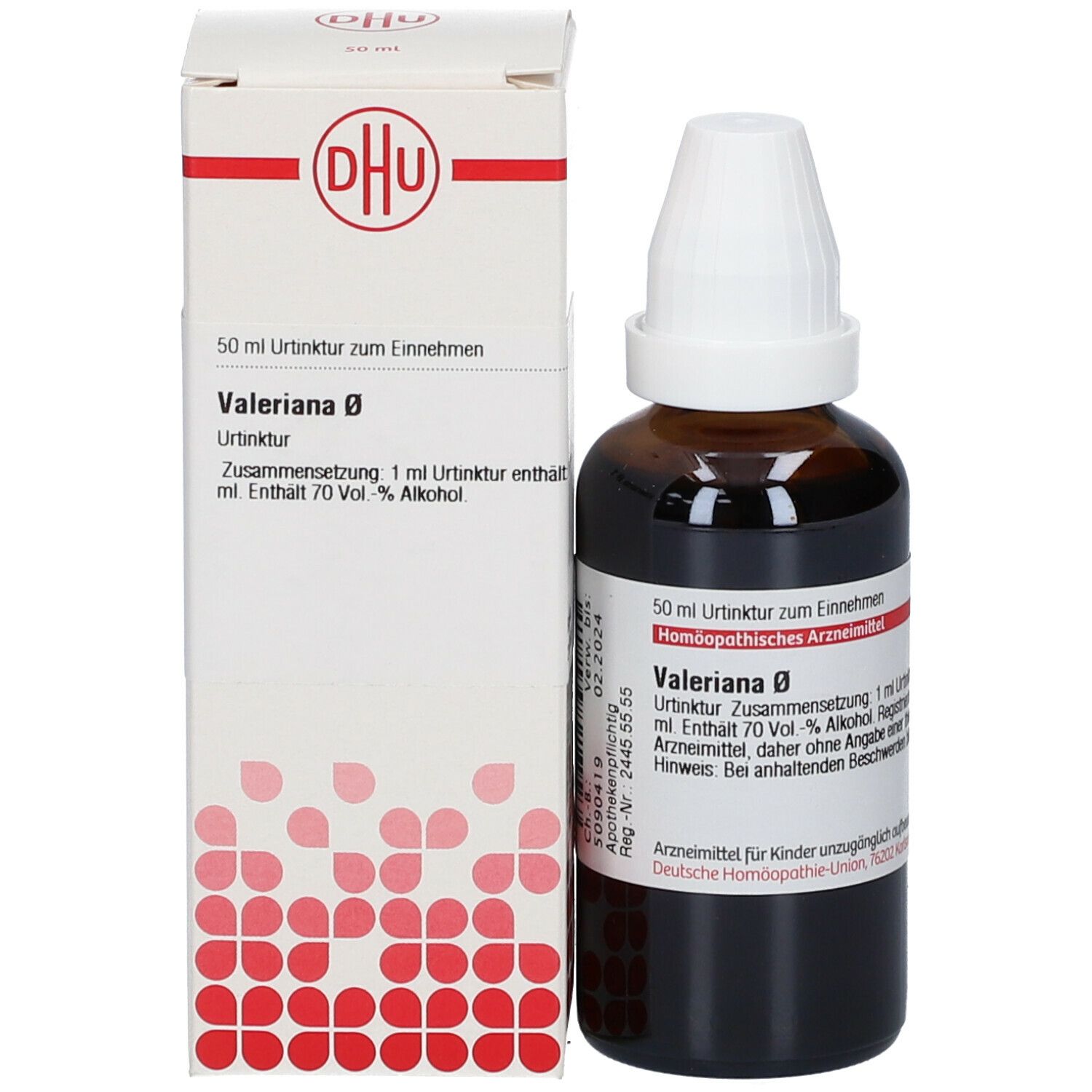 Braune Glasflasche mit weißem Verschluss und Verpackung. Verpackung mit Produktinformationen und Logo.