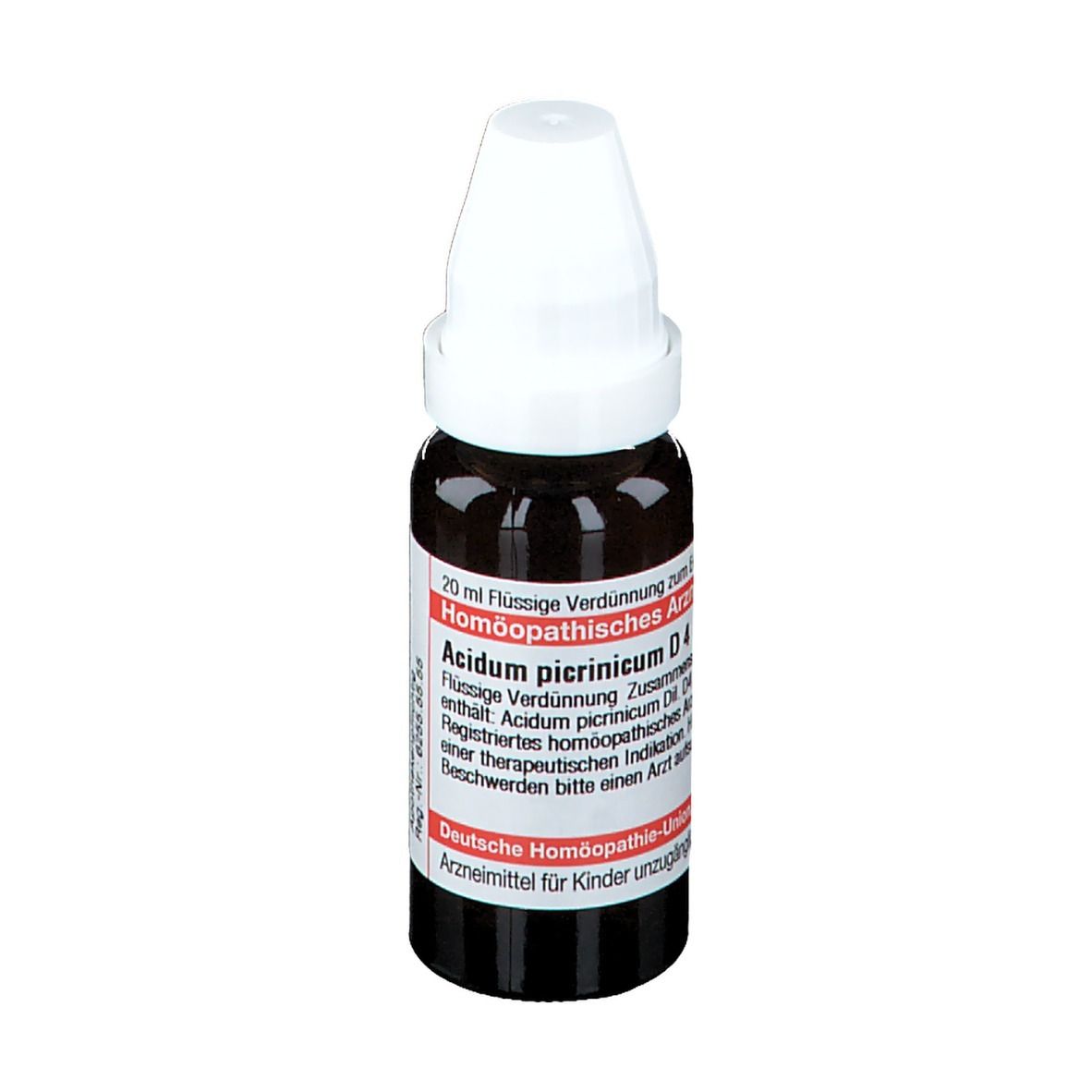 Braune Tropfflasche mit weißem Verschluss. Beschriftung: Acidum picrinicum D4, 20 ml flüssige Verdünnung.