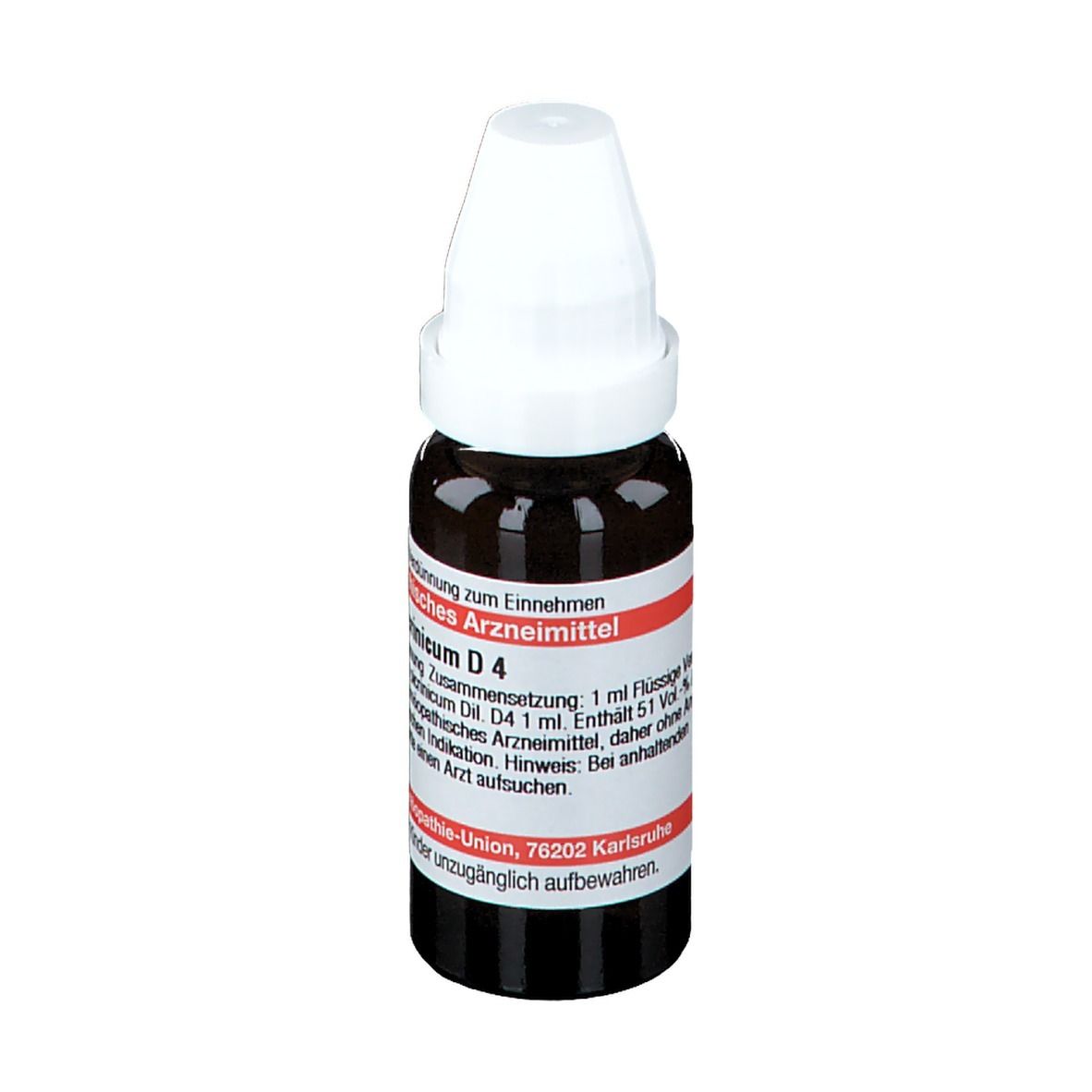 Braune Tropfflasche mit weißem Verschluss. Beschriftung: Acidum picrinicum D4, 20 ml flüssige Verdünnung.