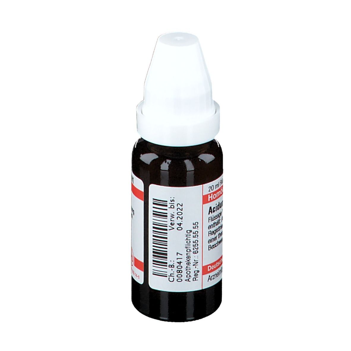 Braune Tropfflasche mit weißem Verschluss. Beschriftung: Acidum picrinicum D4, 20 ml flüssige Verdünnung.
