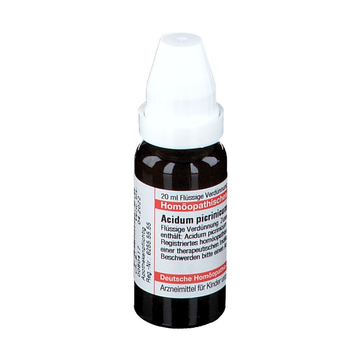 Braune Tropfflasche mit weißem Verschluss. Beschriftung: Acidum picrinicum D4, 20 ml flüssige Verdünnung.