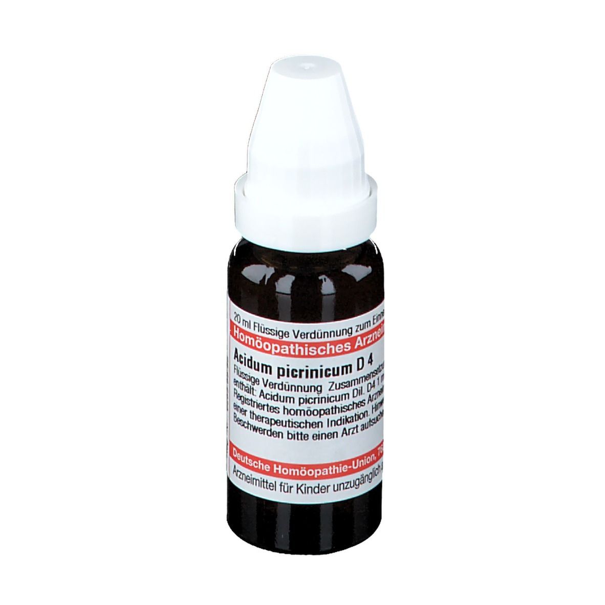 Braune Tropfflasche mit weißem Verschluss. Beschriftung: Acidum picrinicum D4, 20 ml flüssige Verdünnung.