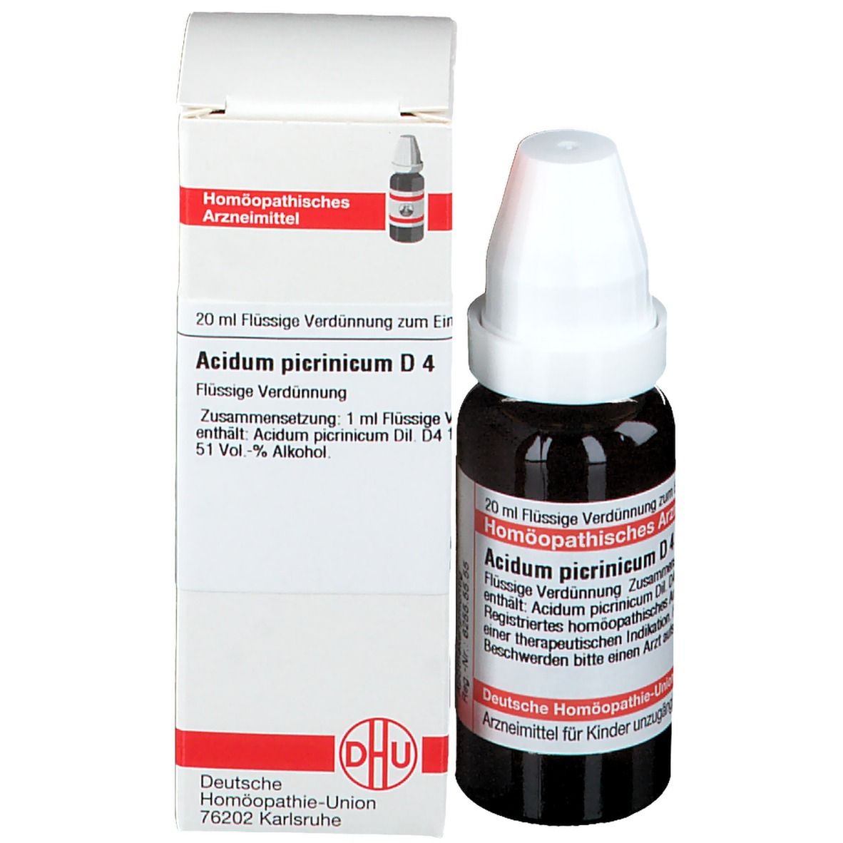 Produktflasche und Schachtel. Flasche: braun, weißer Verschluss. Schachtel: weiß, rot, Produktname, DHU Logo.