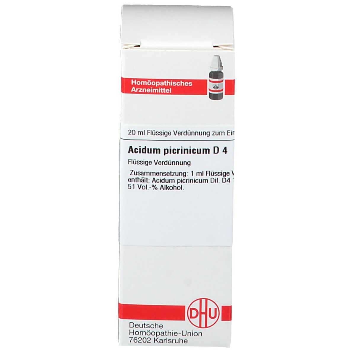 Produktverpackung. Weiße Schachtel mit roter Beschriftung. Produktname, DHU Logo, Flaschenabbildung.