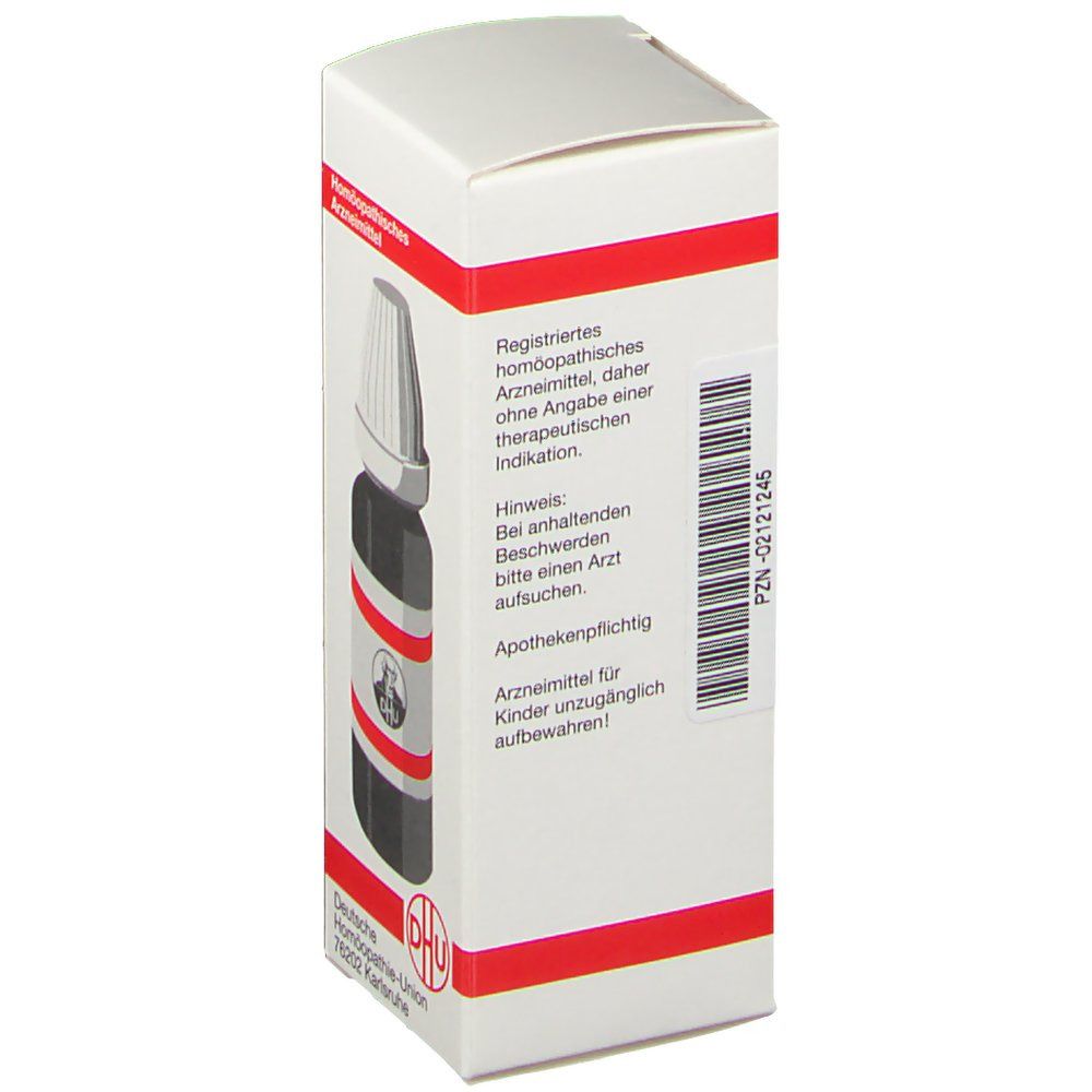 Weiße Schachtel mit roter Umrandung. Text und Barcode. DHU-Logo. Apothekenpflichtig.