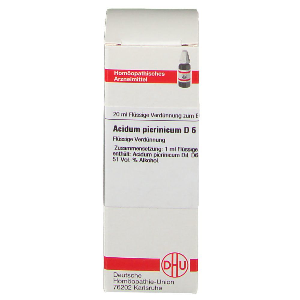 Weiße Schachtel mit roter Umrandung. Aufschrift: Acidum picrinicum D 6. DHU-Logo. Enthält 20 ml.