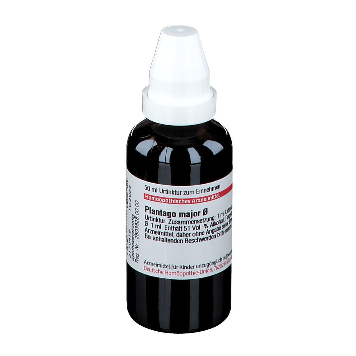 Braune Flasche mit weißem Deckel. Etikett mit Text: Plantago major Ø, 50 ml Urtinktur. Deutsche Homöopathie-Union.