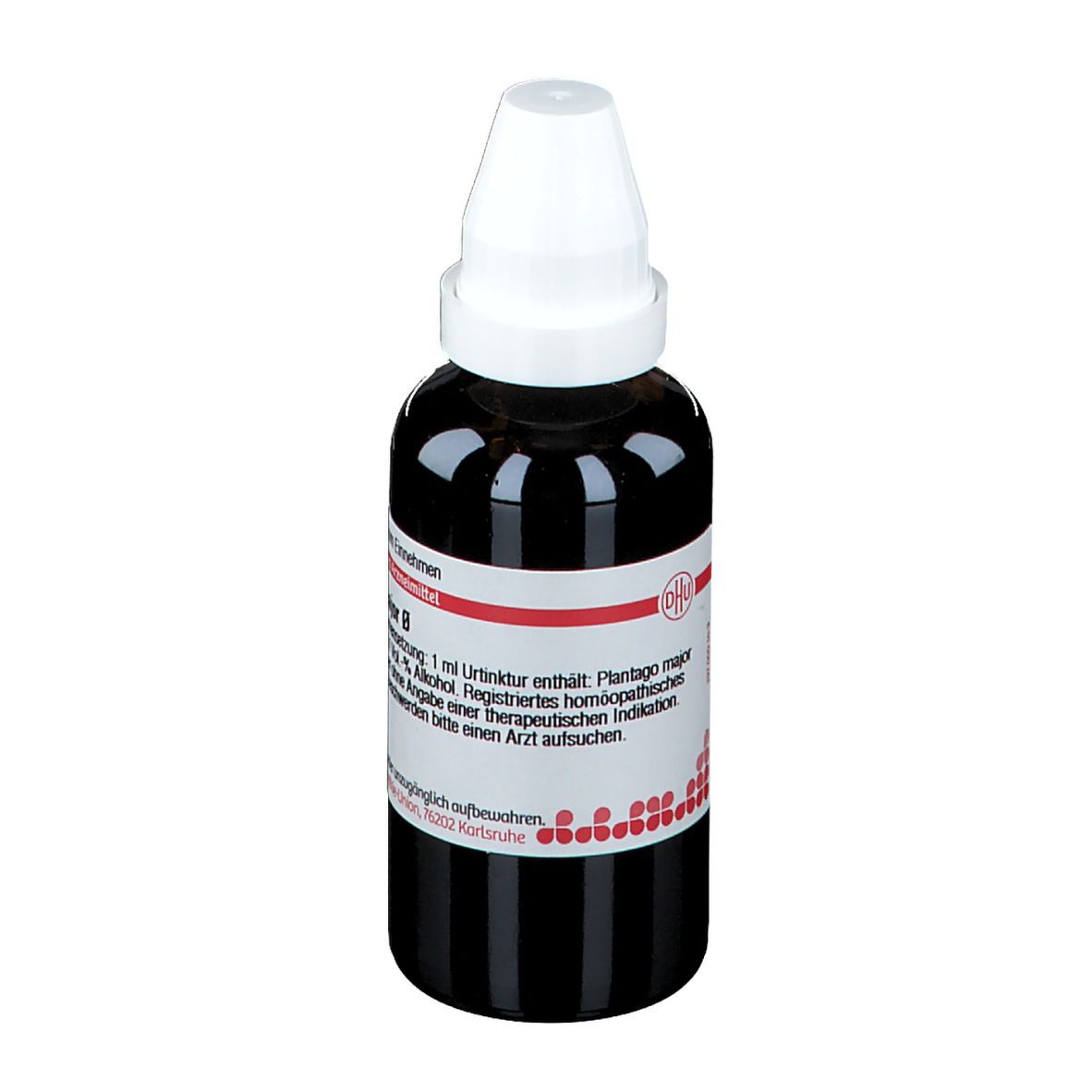 Braune Flasche mit weißem Deckel. Etikett mit Text: Plantago major Ø, 50 ml Urtinktur. Deutsche Homöopathie-Union.