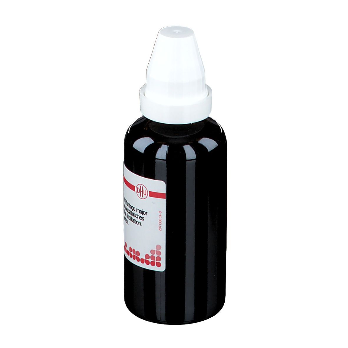 Braune Flasche mit weißem Deckel. Etikett mit Text: Plantago major Ø, 50 ml Urtinktur. Deutsche Homöopathie-Union.
