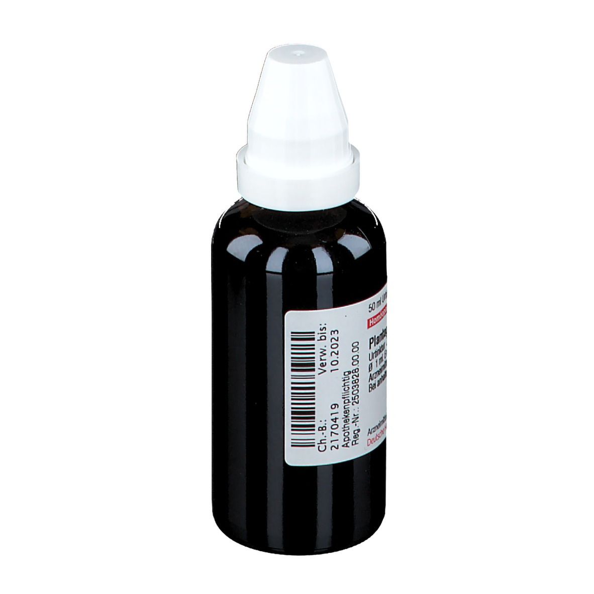 Braune Flasche mit weißem Deckel. Etikett mit Text: Plantago major B, 50 ml Urtinktur. Deutsche Homöopathie-Union.