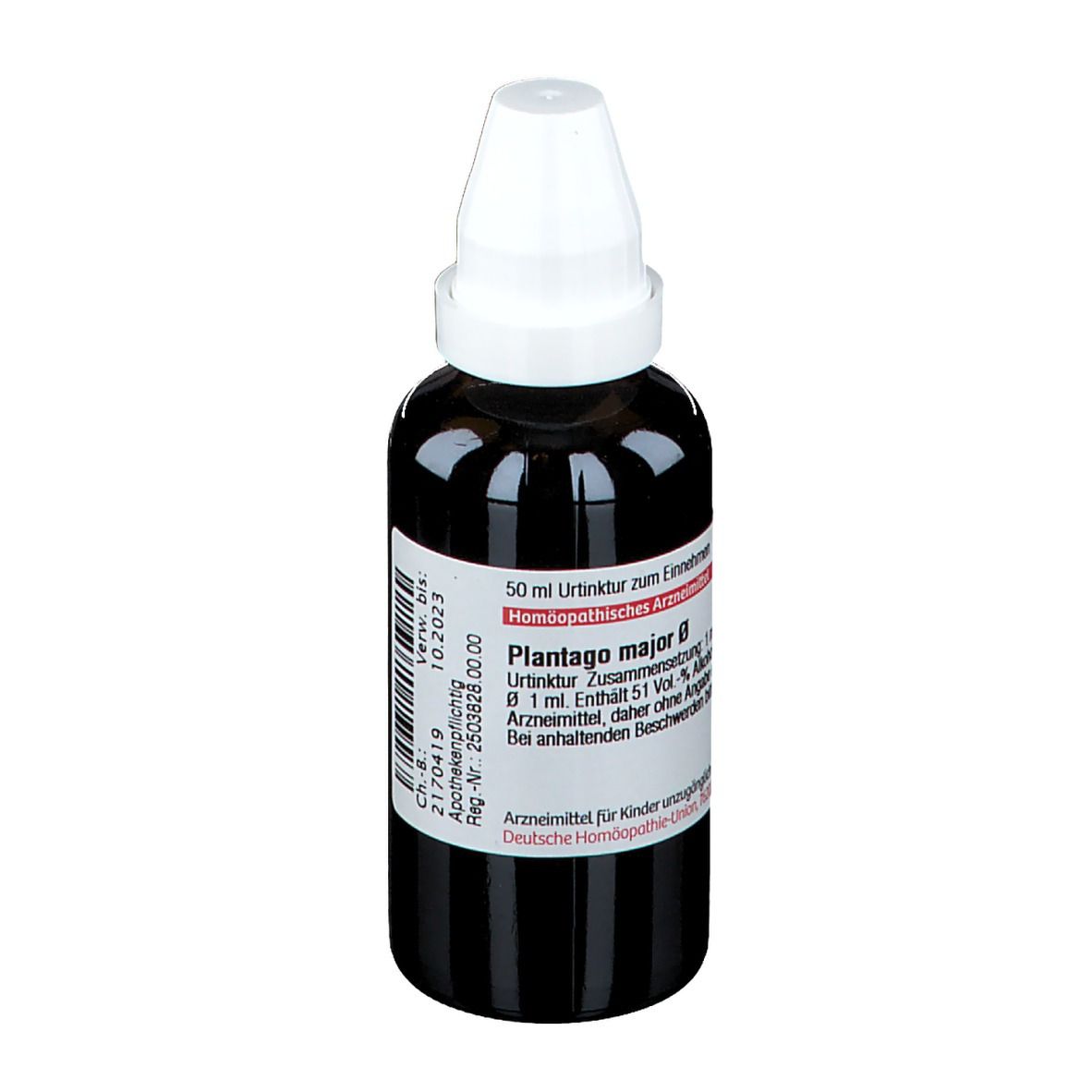 Braune Flasche mit weißem Deckel. Etikett mit Text: Plantago major B, 50 ml Urtinktur. Deutsche Homöopathie-Union.