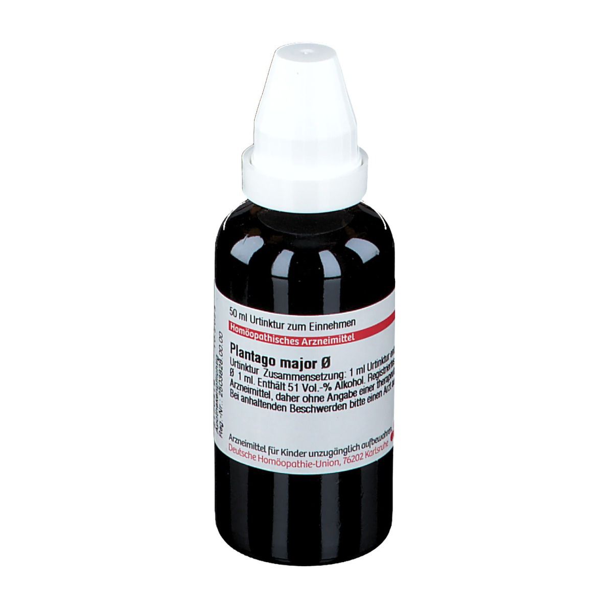 Braune Flasche mit weißem Deckel. Etikett mit Text: Plantago major Ø, 50 ml Urtinktur. Deutsche Homöopathie-Union.