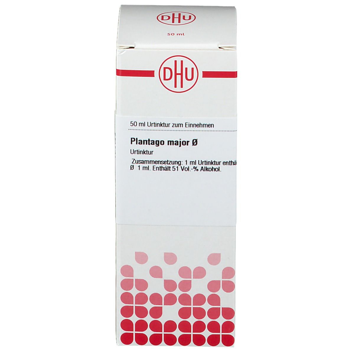 Weiße Verpackung mit rotem Design. Text: DHU, Plantago major Ø, 50 ml Urtinktur. Deutsche Homöopathie-Union.