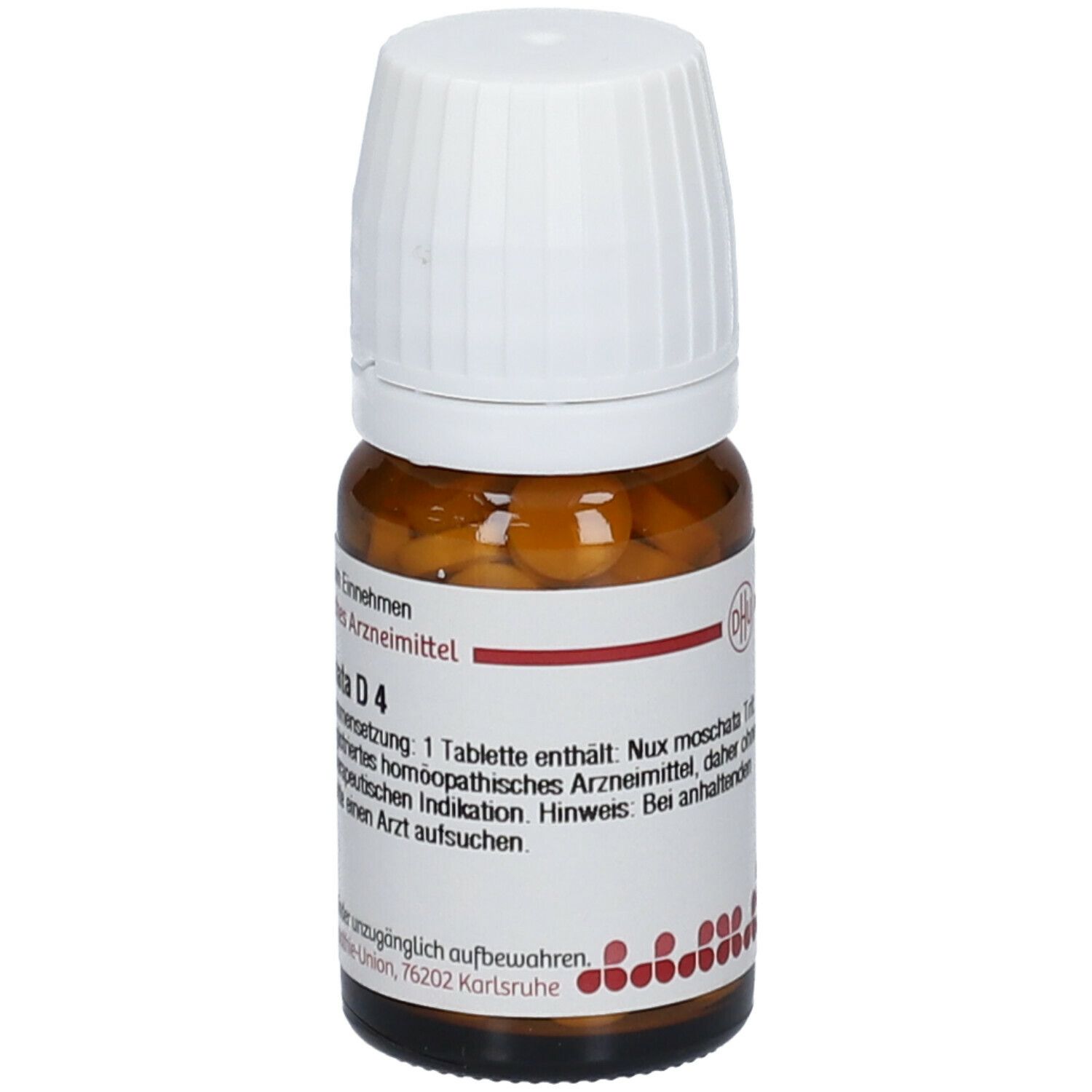 Braune Glasflasche mit weißen Deckel. Etikett mit Text: Nux moschata D4, 80 Tabletten. Tabletten im Inneren sichtbar.