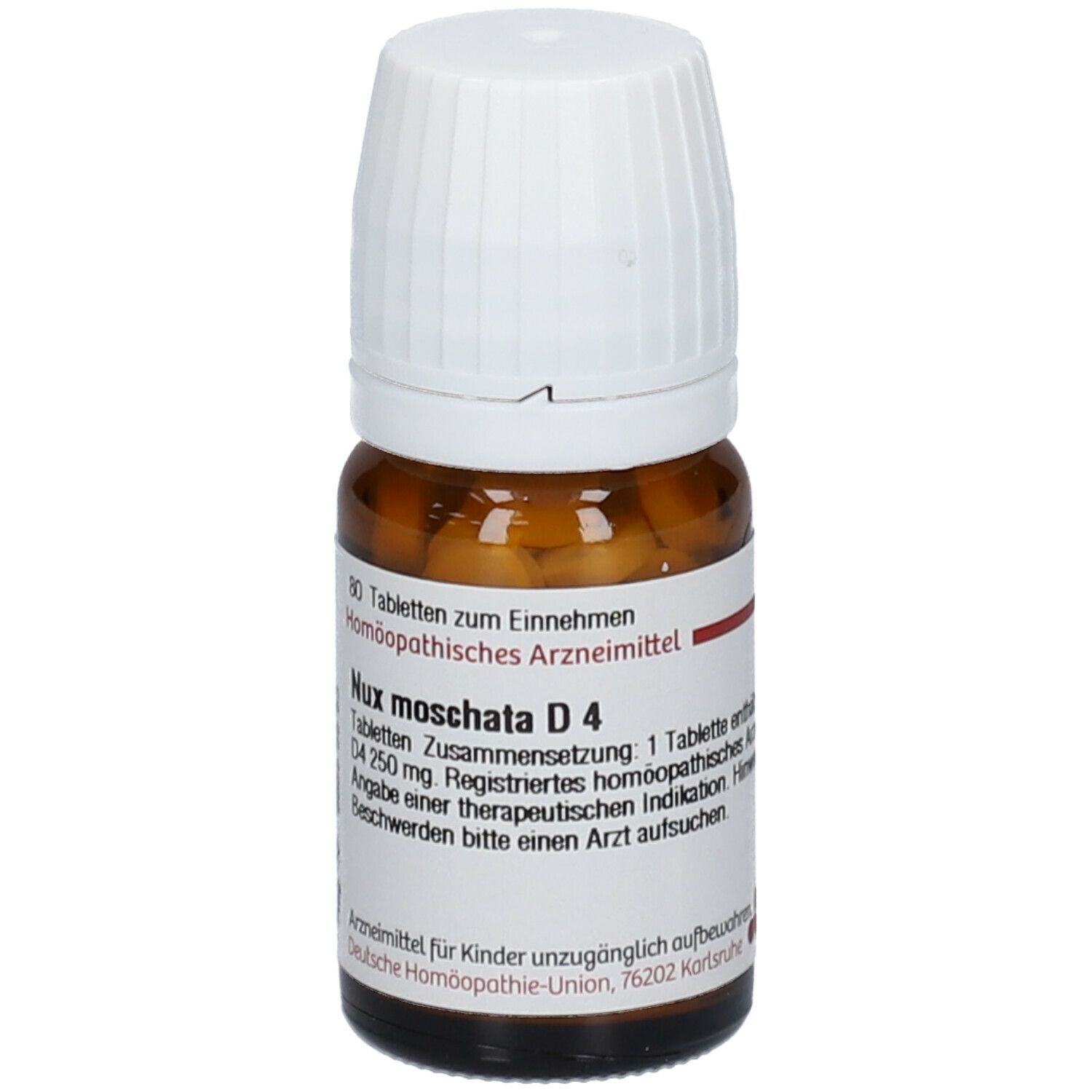 Braune Glasflasche mit weißen Deckel. Etikett mit Text: Nux moschata D4, 80 Tabletten. Tabletten im Inneren sichtbar.