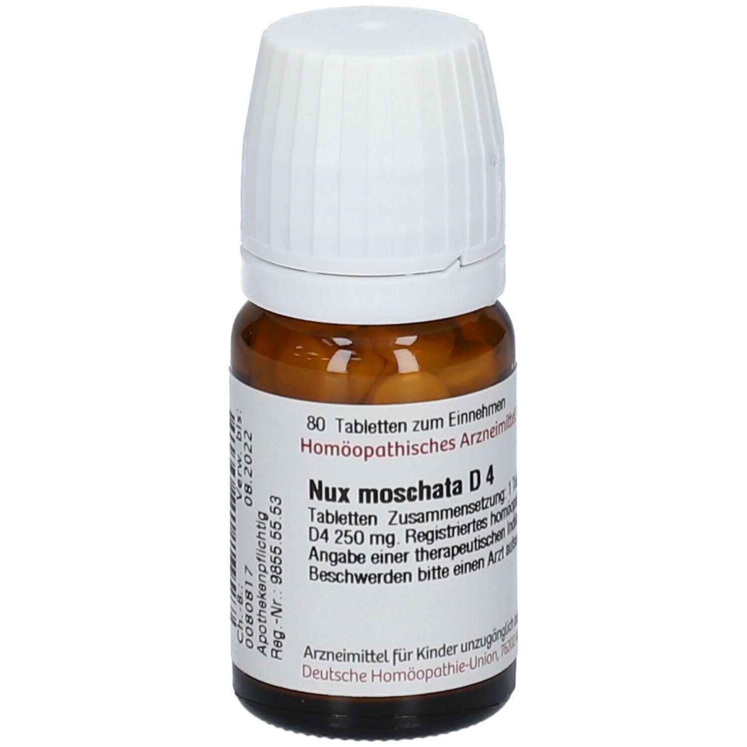 Braune Glasflasche mit weißem Deckel. Etikett mit Text: Nux moschata D4, 80 Tabletten. Tabletten im Inneren sichtbar.