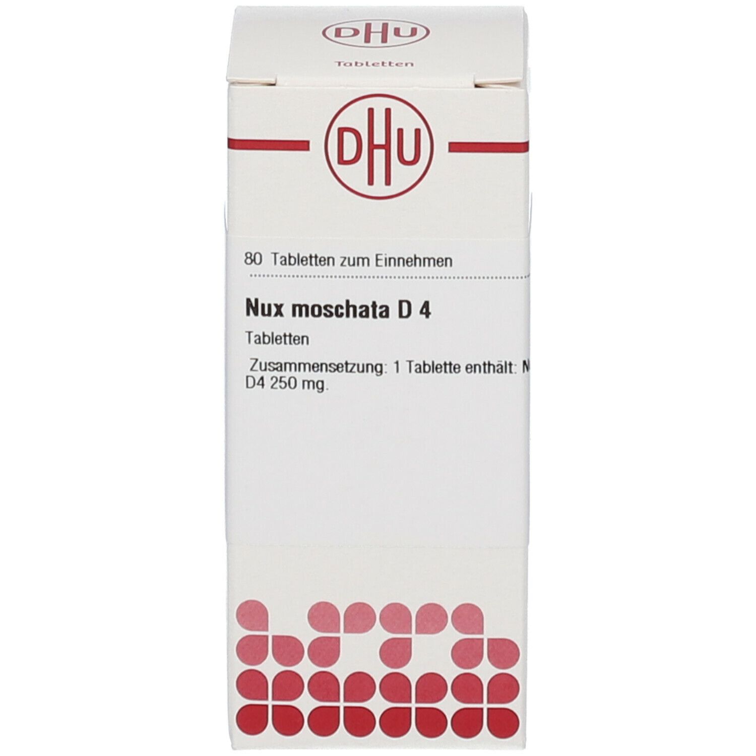 Weiße Schachtel mit DHU-Logo und Text: Nux moschata D4, 80 Tabletten. Rote Streifen.
