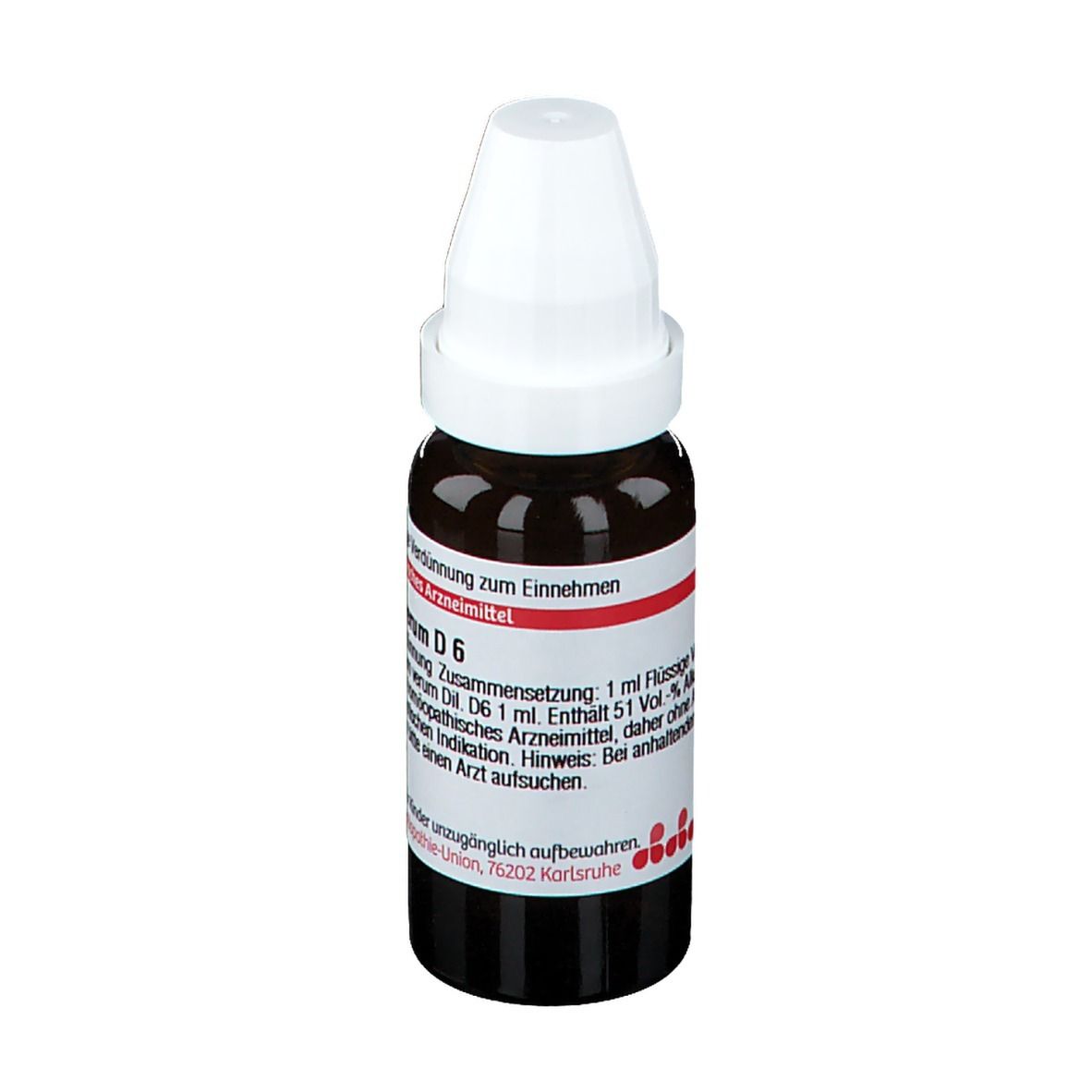 Braune Glasflasche mit weißem Verschluss. Etikett mit Text: Marum verum D6, 20 ml Flüssige Verdünnung. Für Einnahme.